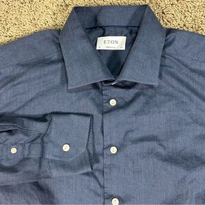 Eton Contemporary Mens 45 (17 3/4) Blue Button Up Long Sleeve Fine Twill Melange